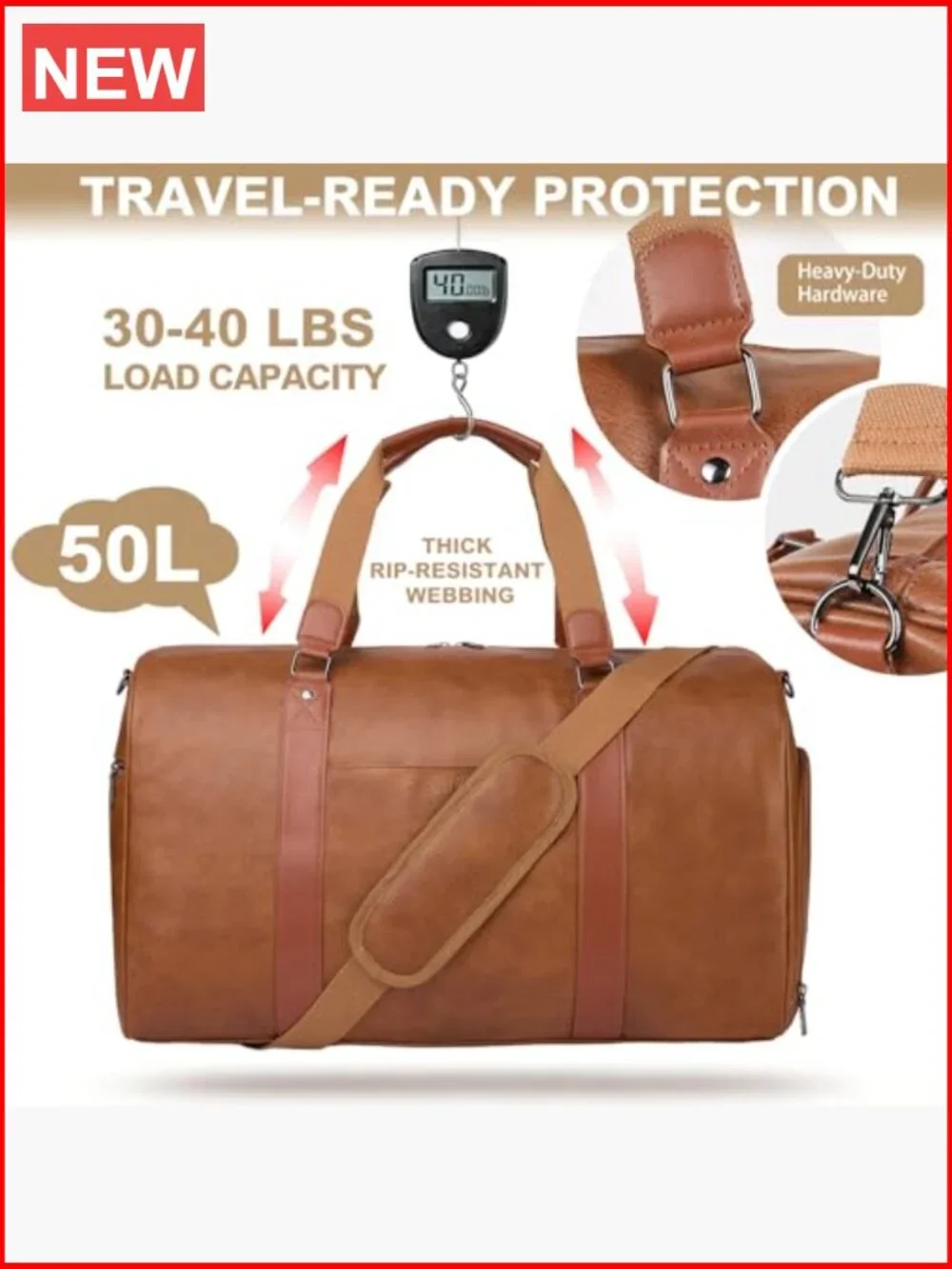 3-in-1 Faux Leather Travel Duffle Bag Weekender Overnight Carry On Gym Bag with